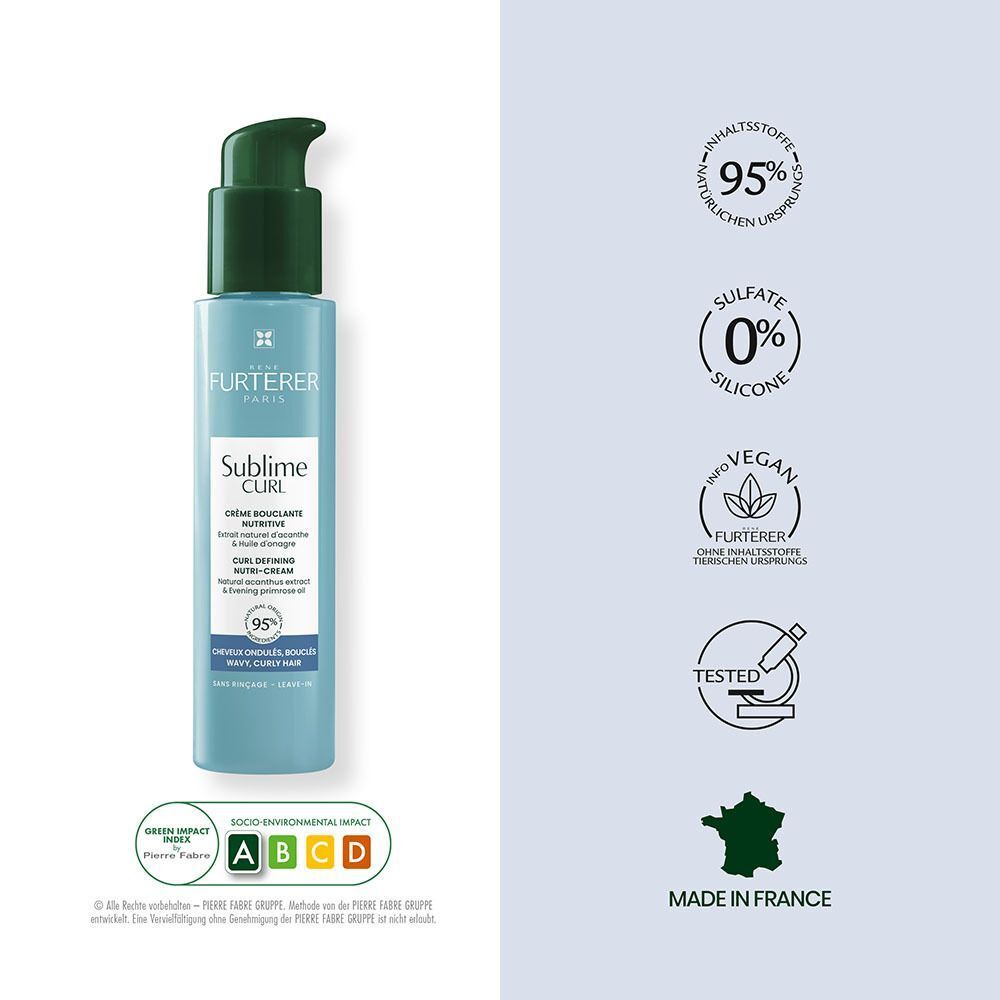 Flasche FURTERER Sublime Curl Locken-Creme. Text: Crème Bouclante Nutritive, 95% natürlichen Ursprungs, ohne Sulfate, vegan, getestet. Made in France.