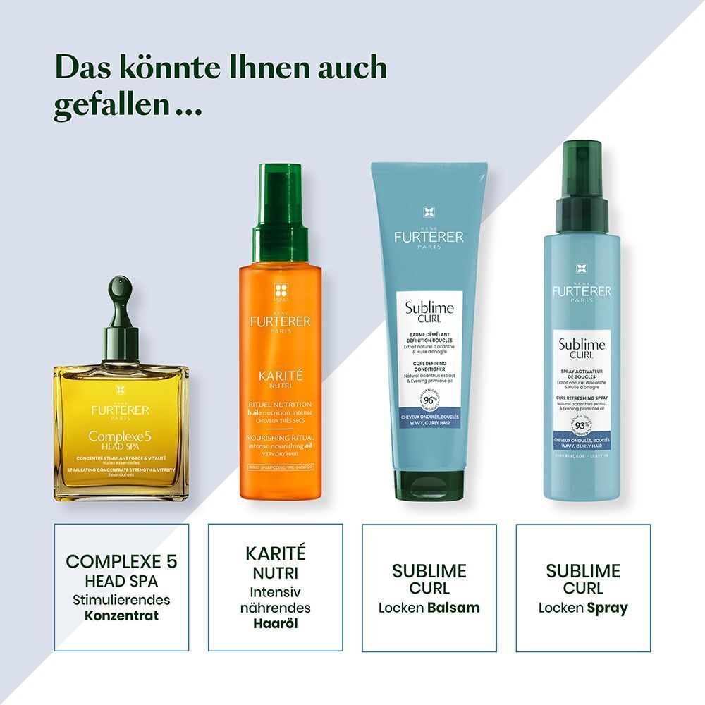 Vier Produkte: Complex 5, Karité Nutri Haaröl, Sublime Curl Locken Balsam, Sublime Curl Locken Spray. Text: FURTERER.