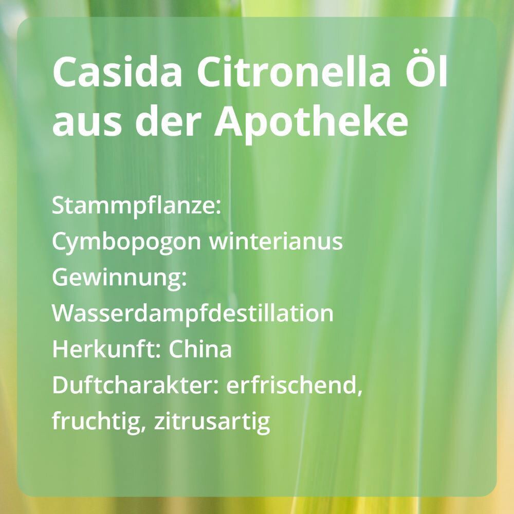 Text auf grünem Hintergrund: Produktname, Pflanzenart, Gewinnung, Herkunft, Duftcharakter.