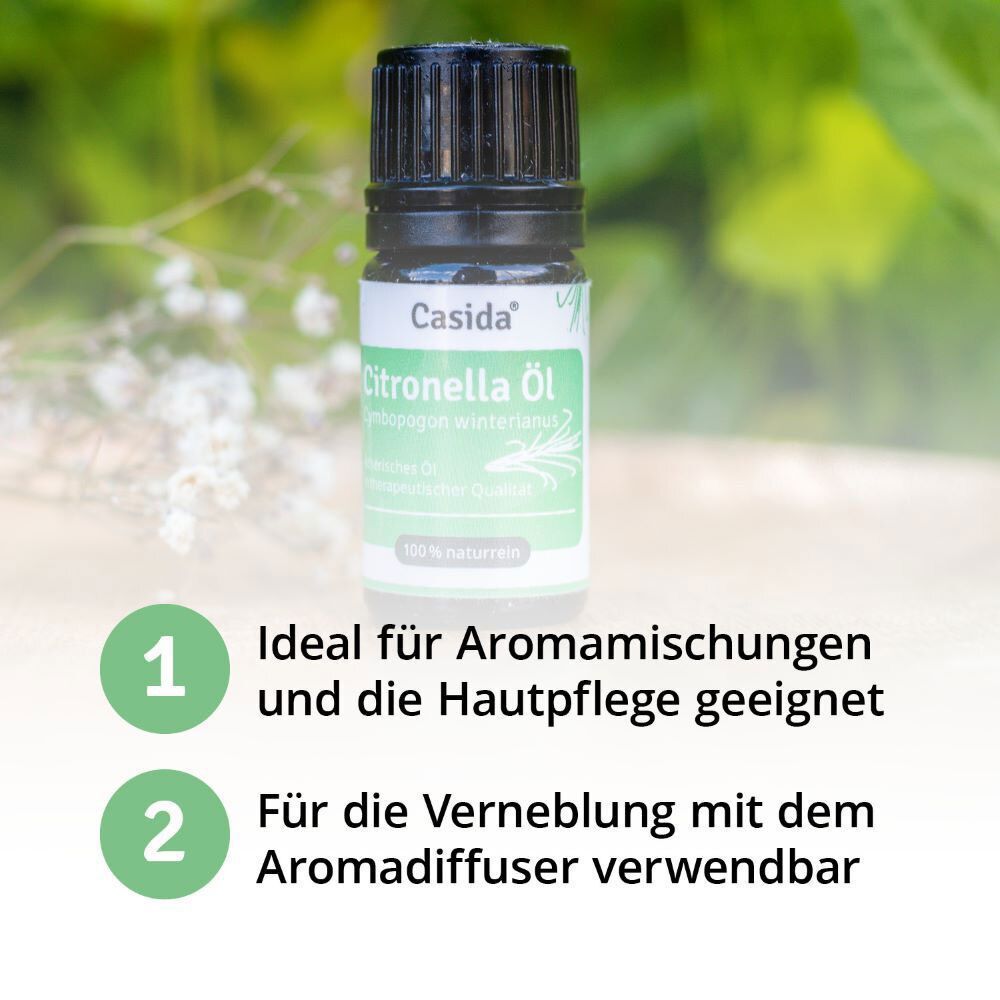 Flasche Citronella Öl. Text: Ideal für Aromamischungen und Hautpflege. Für Verneblung mit Aromadiffusor.