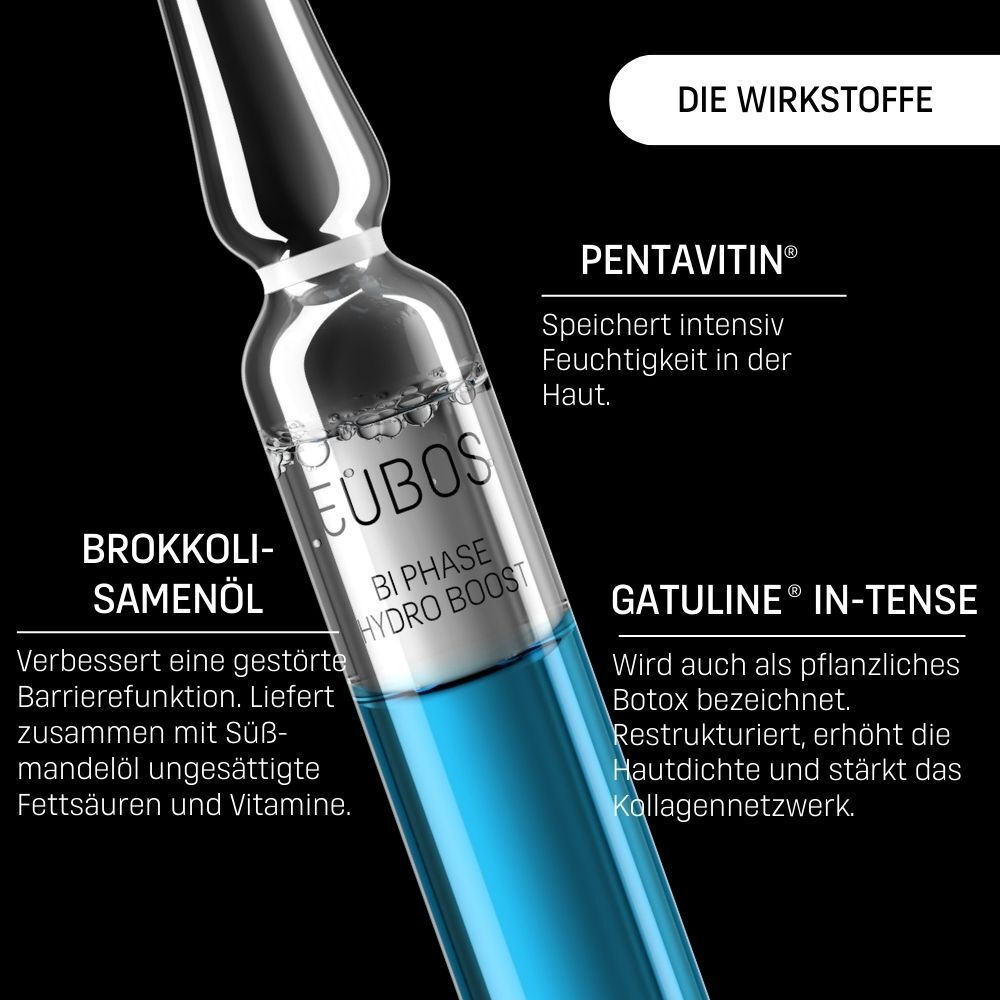 Nahaufnahme einer Ampulle mit blauer Flüssigkeit. Text: EUBOS, BI PHASE HYDRO BOOST. Inhaltsstoffe: Pentavitin, Gatuline.