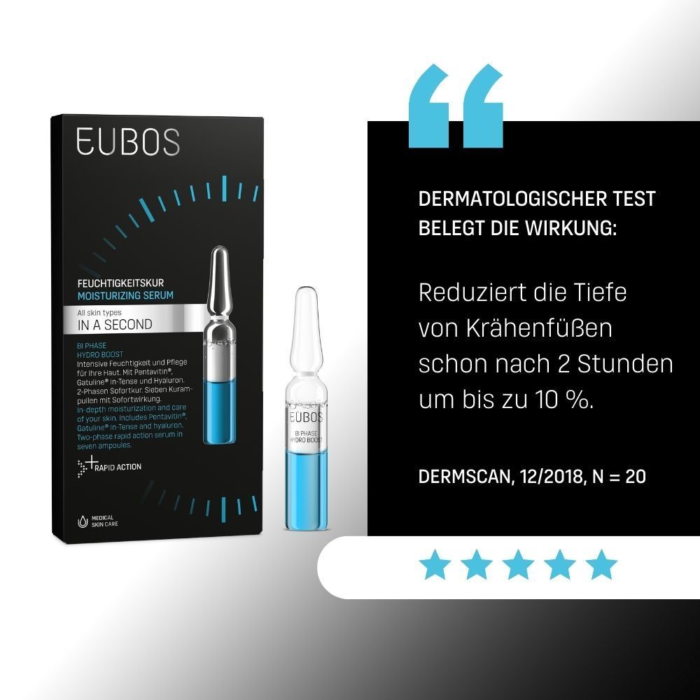 Produktverpackung und Ampulle. Text: EUBOS IN A SECOND. Dermatologisch getestet. Reduziert Krähenfüße.