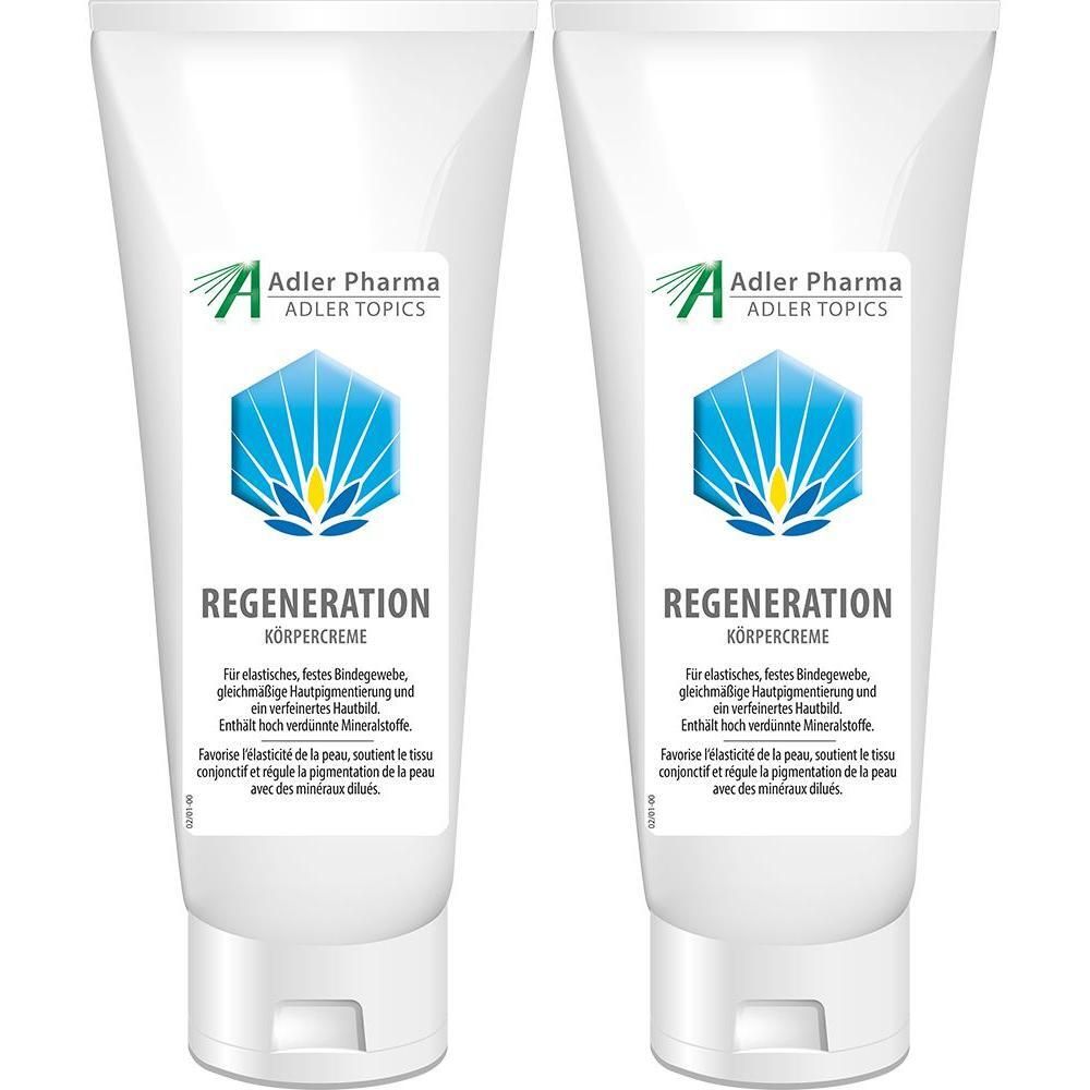Zwei weiße Tuben MINERALSTOFF Körpercreme Regeneration. Aufschrift: Adler Pharma, Regeneration Körpercreme.