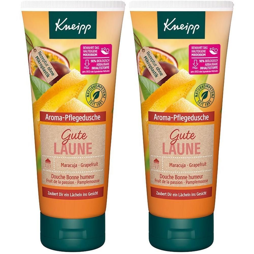 Zwei Tuben Kneipp® Aroma-Pflegedusche Gute Laune. Orange-gelbe Tuben mit Maracuja- und Grapefruit-Motiven. Text: Aroma-Pflegedusche, Gute Laune.
