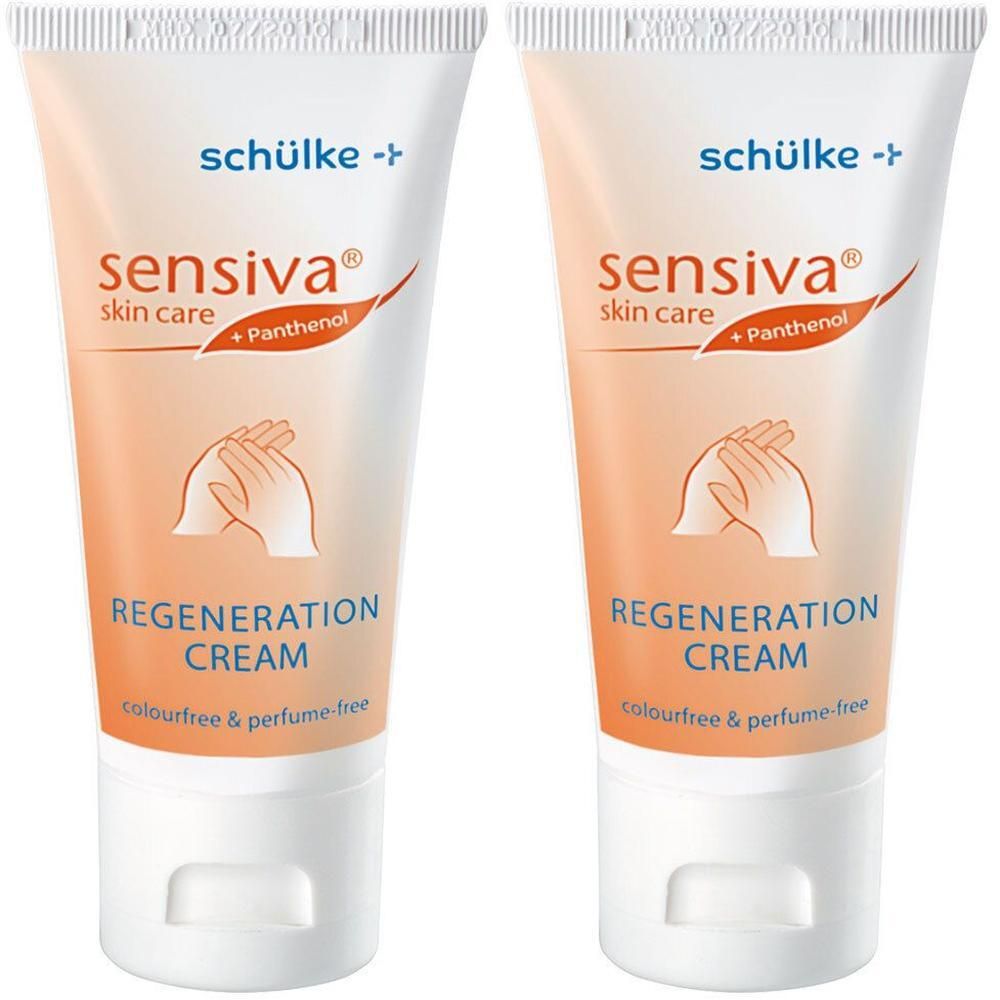 Zwei Tuben Sensiva Regenerationscreme. Weiß-orangefarbene Verpackung mit Produktnamen und Logo. Enthält Panthenol.