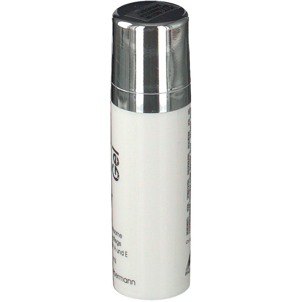 Weiße Flasche mit silbernem Deckel. Aufschrift: Liposomen Gel, tiefenwirksame Intensivpflege mit Vitamin A und E, 30 ml. Pharma Liebermann. Seitenansicht.