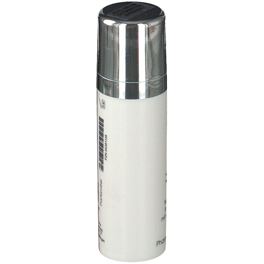 Weiße Flasche mit silbernem Deckel. Rückseite mit Inhaltsstoffen, Chargennummer, und Herstellerinformationen. Parfümfrei.