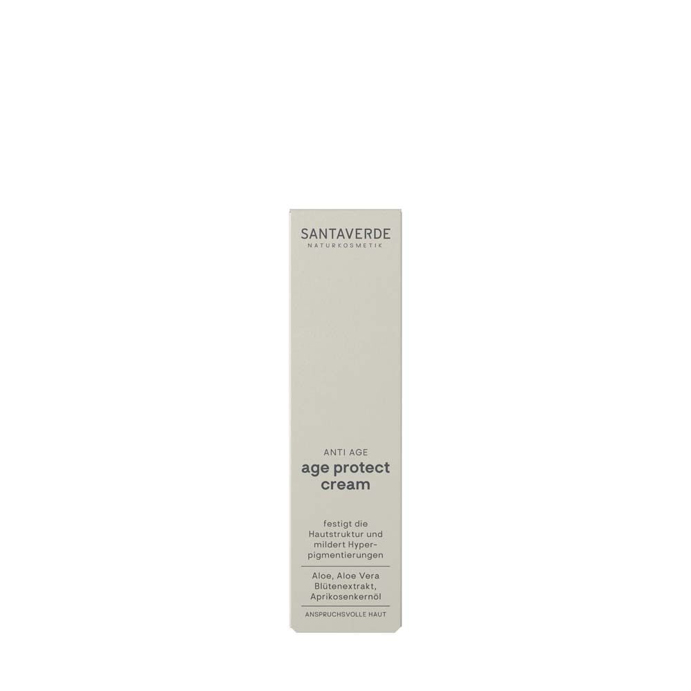 SANTAVERDE age protect cream Verpackung. Weiß, rechteckig. Beschriftung: SANTAVERDE, age protect cream. Text unten.