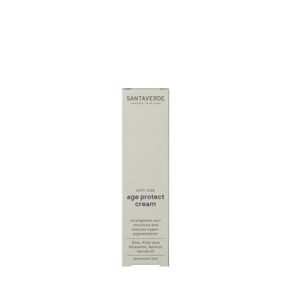 SANTAVERDE age protect cream Verpackung. Weiß, rechteckig. Beschriftung: SANTAVERDE, age protect cream. Text unten.
