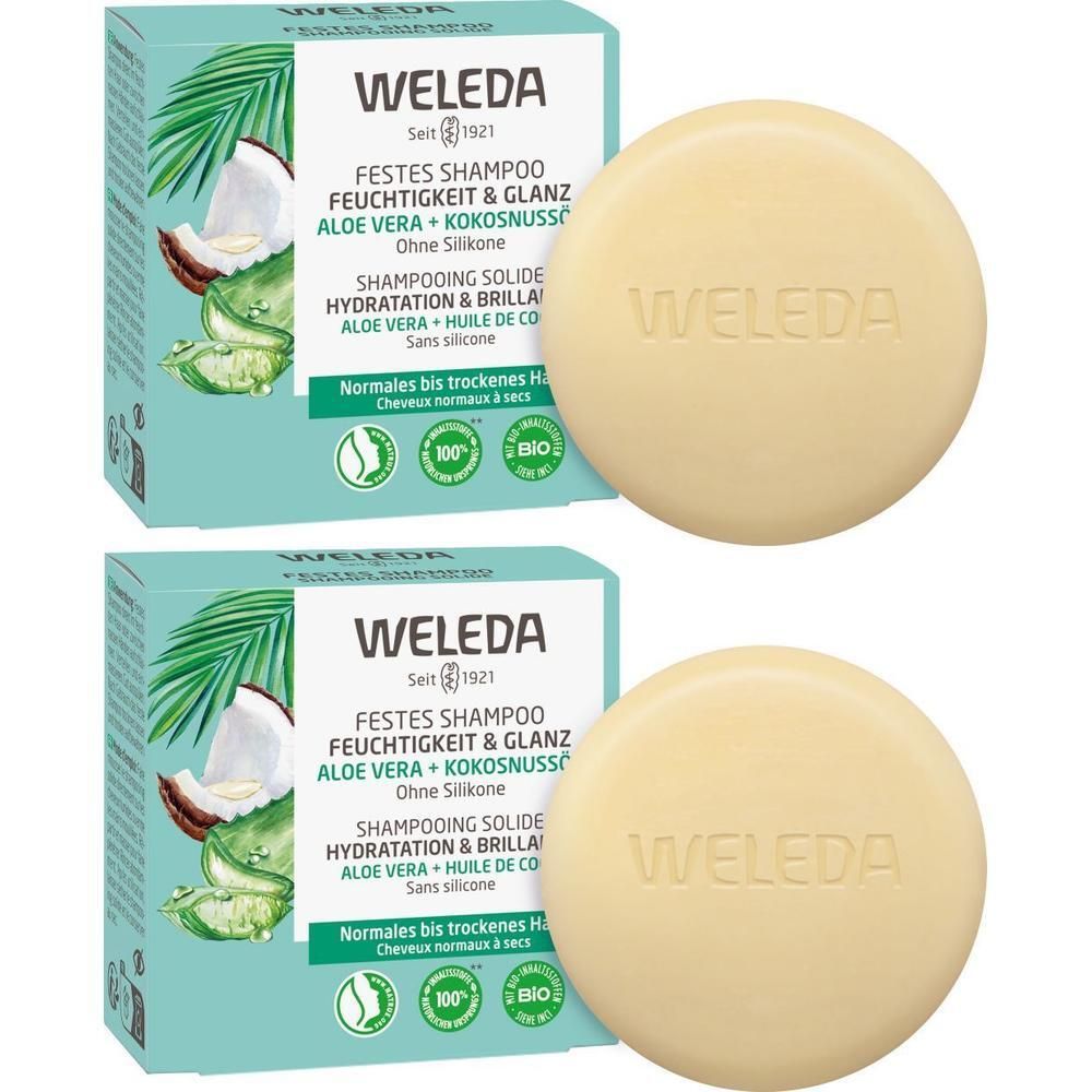 Zwei feste Shampoos und Verpackungen. Runde, beige Shampoo-Stücke. Türkis-farbene Kartons mit Kokosnuss- und Aloe Vera-Illustrationen.
