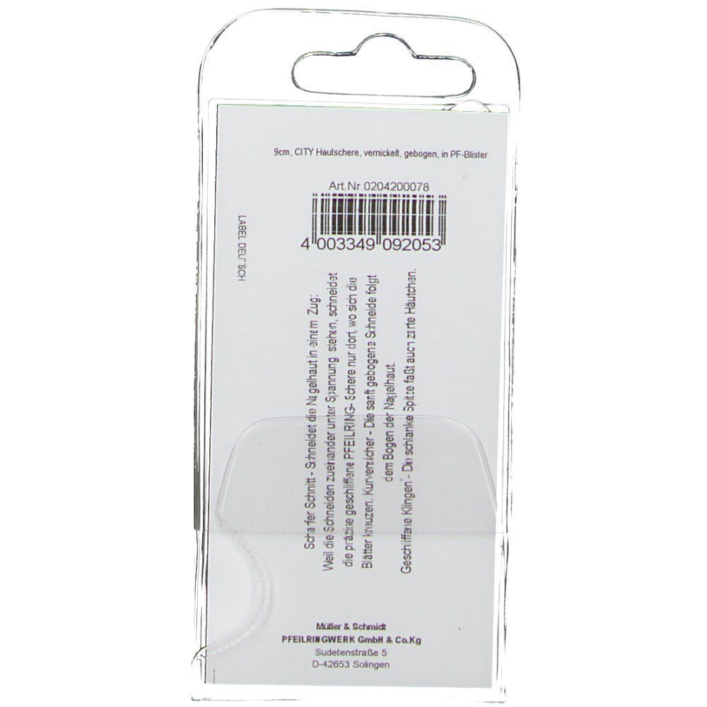 Produktverpackung. Transparente Blisterverpackung mit Produktinformationen. Rückseite mit Text und Barcode.