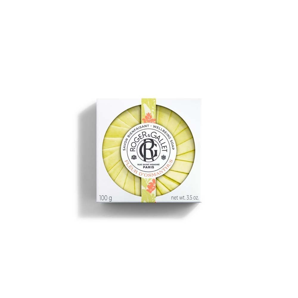 Quadratische Verpackung mit rundem Seifenstück. Aufschrift: Fleur d'Osmanthus, 100 g, net wt. 3.5 oz.