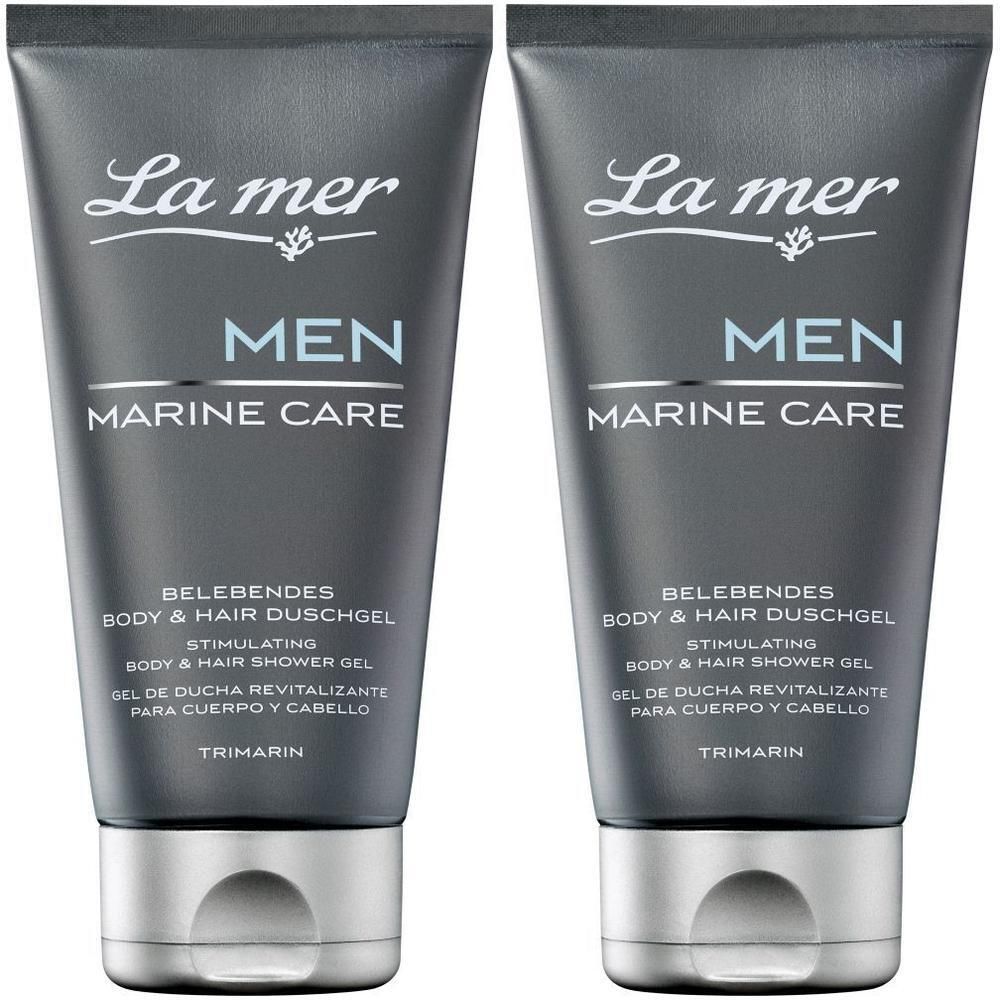 Zwei Tuben La mer MEN Marine Care Body & Hair Duschgel. Graue Tuben mit weißer Schrift. Silberner Verschluss.