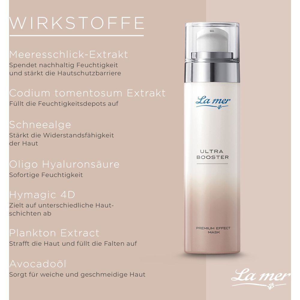La mer ULTRA BOOSTER. Weiße Flasche mit silbernem Pumpkopf. Text: ULTRA BOOSTER, PREMIUM EFFECT MASK. Inhaltsstoffe aufgelistet.