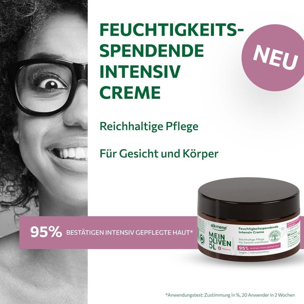 Frau mit Brille und Creme-Tiegel. Text: Feuchtigkeitsspendende Intensiv Creme, 95% bestätigen intensiv gepflegte Haut.