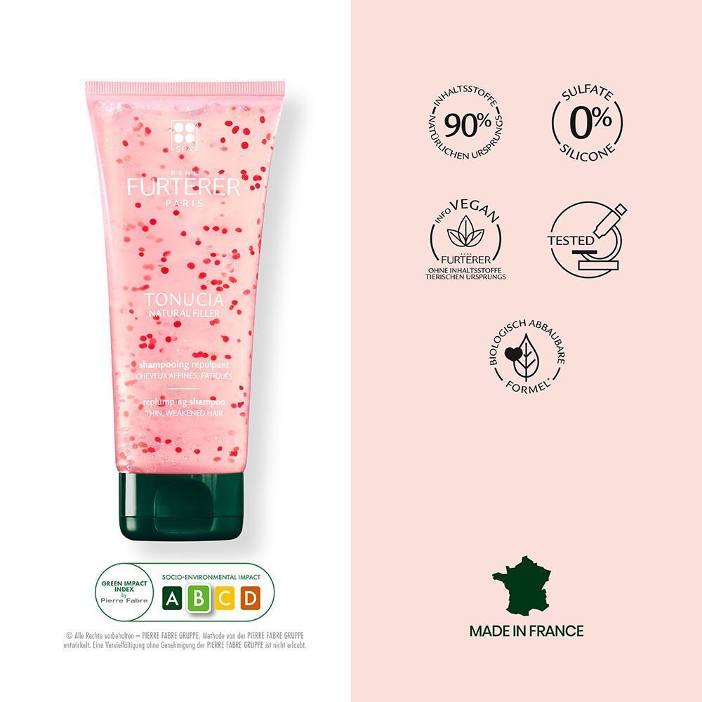 Tube Shampoo. Text: FURTERER PARIS, TONUCIA NATURAL FILLER. Zertifizierungen: 90% natürliche Inhaltsstoffe, vegan, biologisch abbaubar.