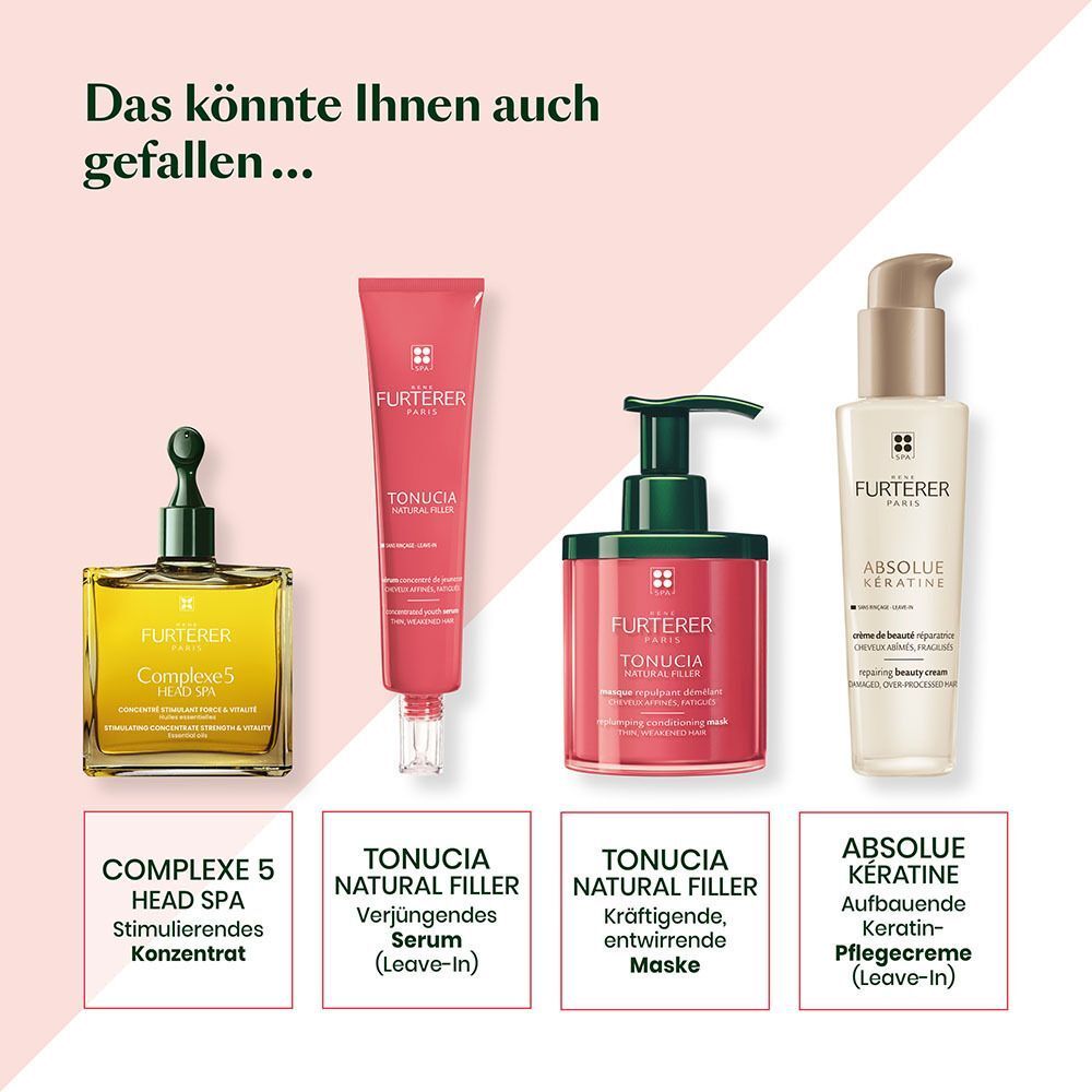 Vier Produkte. Komplexe 5, Serum, Maske, Creme. Text: FURTERER. Produkte für Kopfhaut und Haare.