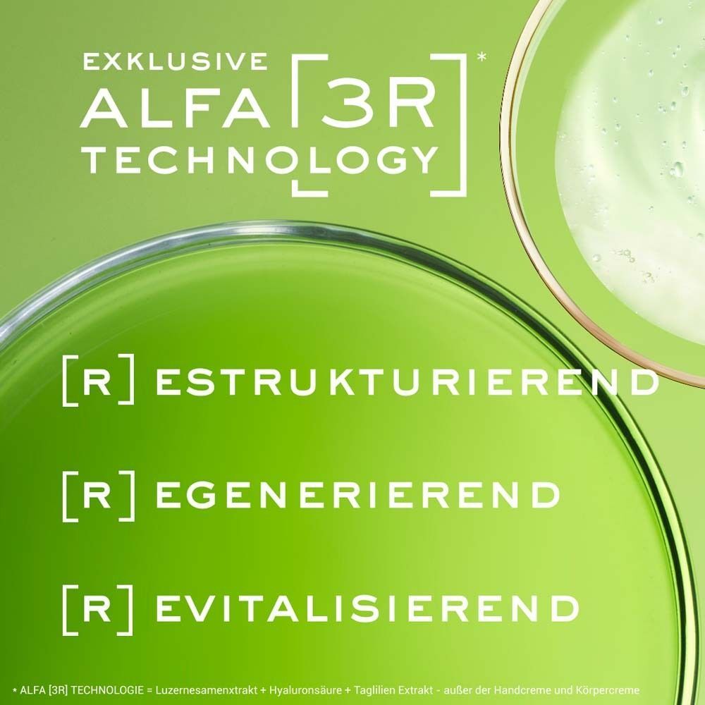 Nahaufnahme von Text auf grünem Hintergrund. Text: EXKLUSIVE ALFA [3R] TECHNOLOGY. [R] ESTRUKTURIEREND. [R] REGENERIEREND. [R] EVITALISIEREND.