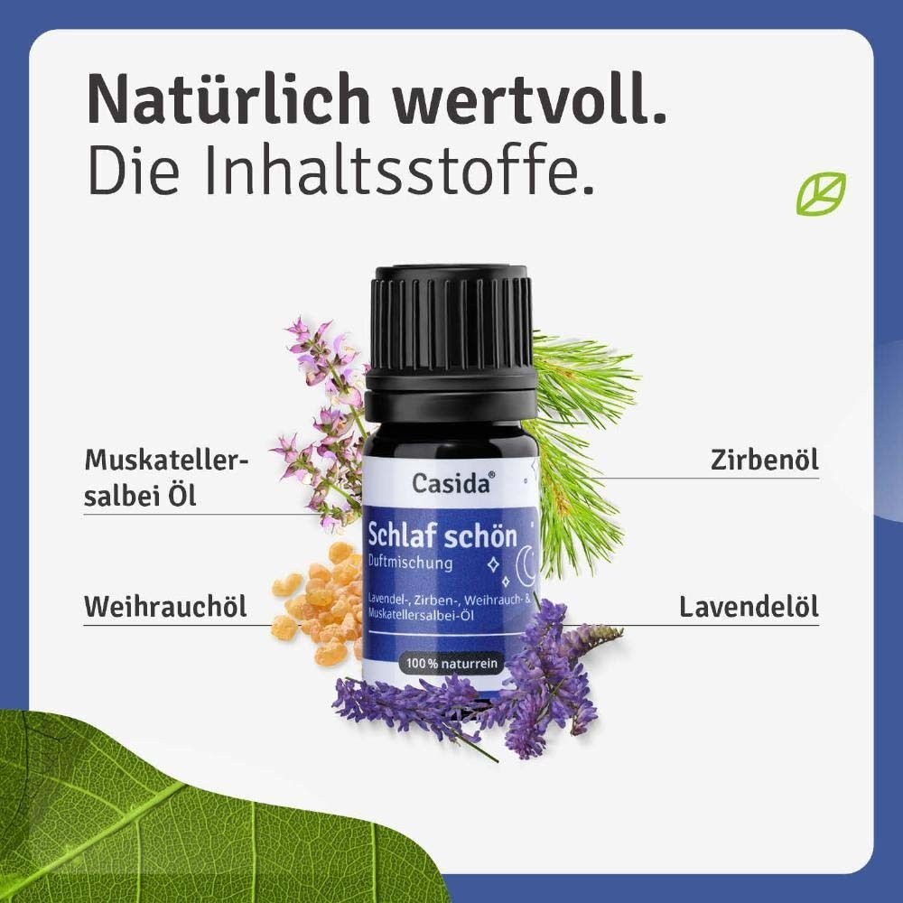 Flasche Casida® Schlaf schön mit Zutaten: Lavendel, Zirbe, Weihrauch, Muskatellersalbei. 100% naturrein.
