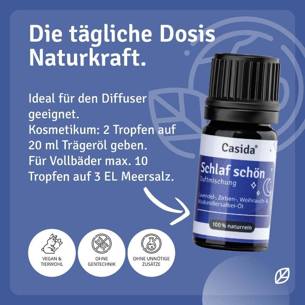 Flasche Casida® Schlaf schön. Ideal für Diffuser. Vegan & tierwohl, ohne Gentechnik, ohne unnötige Zusätze.