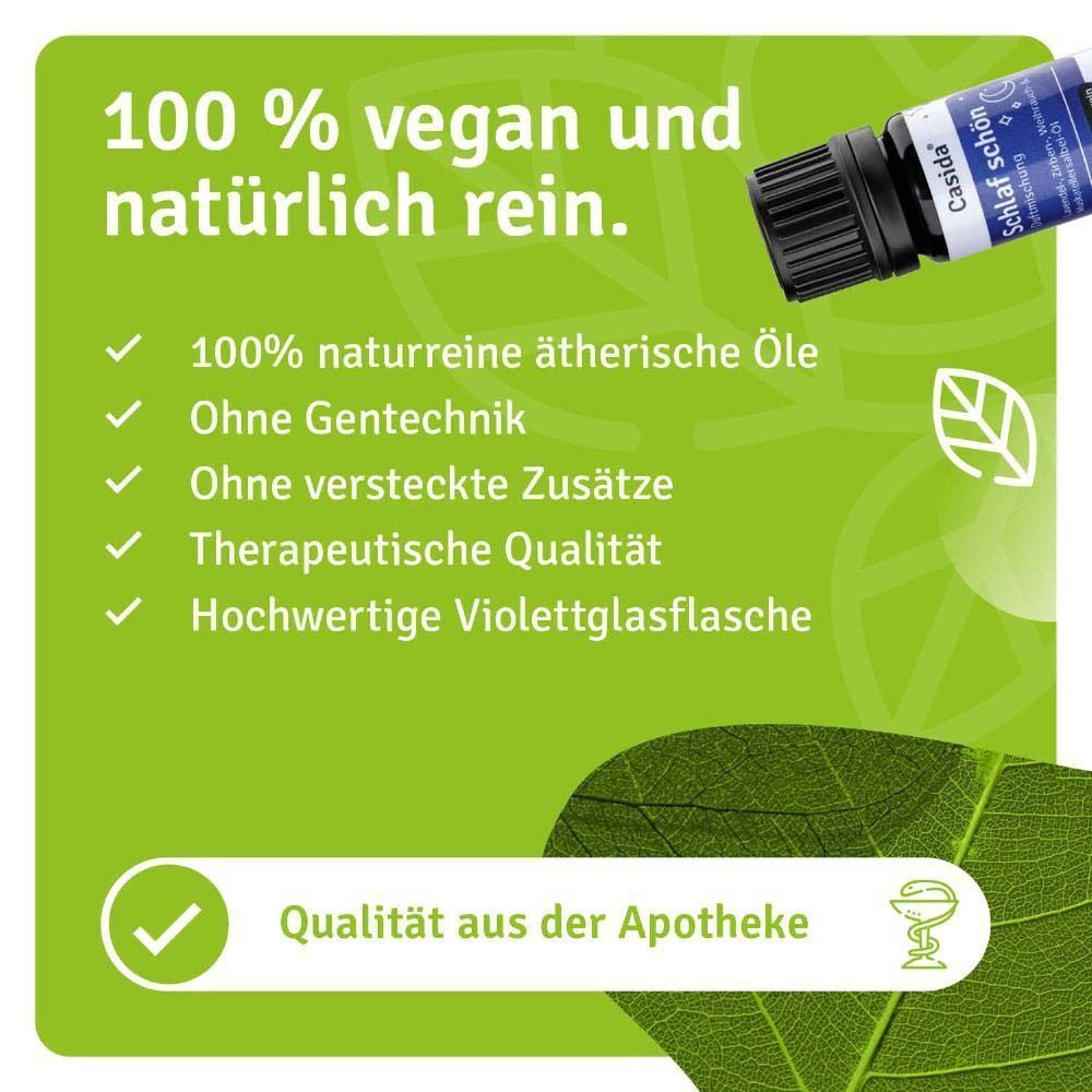 Flasche Casida® Schlaf schön. 100% vegan und natürlich rein. Ätherische Öle, ohne Gentechnik, ohne Zusätze.