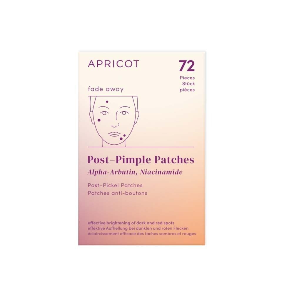 APRICOT Post-Pickel Patches Packung mit 72 Stück. Text: Post-Pimple Patches, Alpha-Arbutin, Niacinamide.