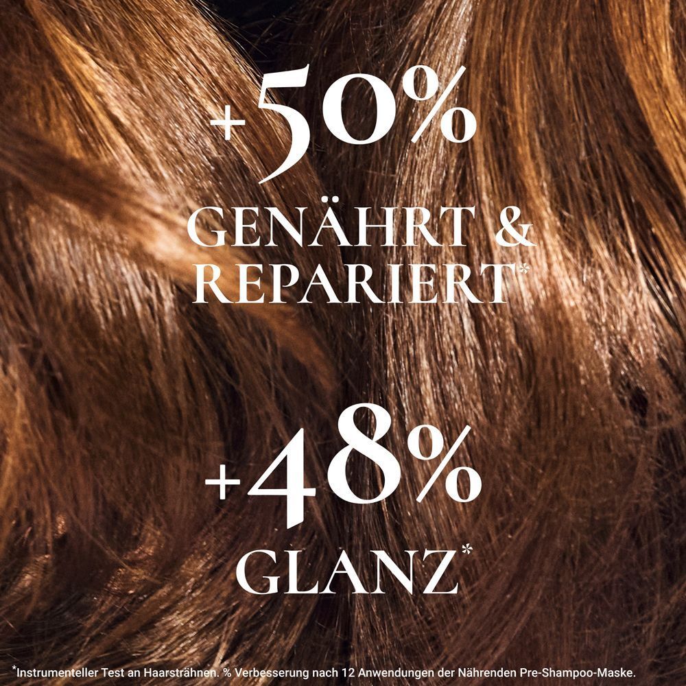 Haartextur mit Text: +50% GENÄHRT & REPARIERT, +48% GLANZ. Hintergrund: braunes Haar.