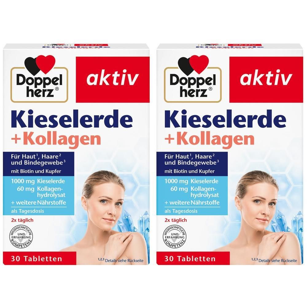 Zwei Packungen Doppelherz Kieselerde+Kollagen Tabletten. Vorderseite mit Produktnamen, Frauengesicht und Logo. 30 Tabletten.