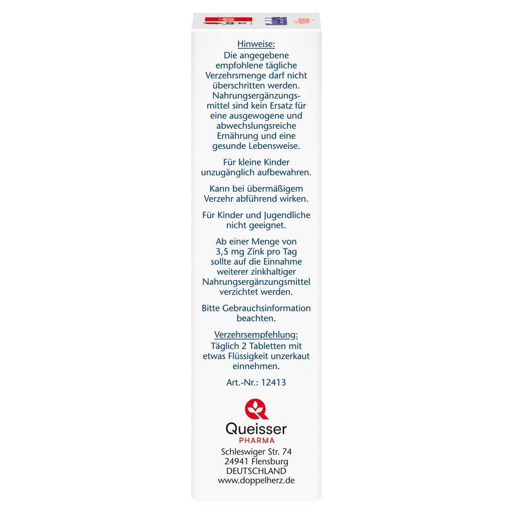 Seitenansicht der Doppelherz Kieselerde+Kollagen Tabletten Packung. Enthält Hinweise, Verzehrempfehlung und Herstellerinformationen.