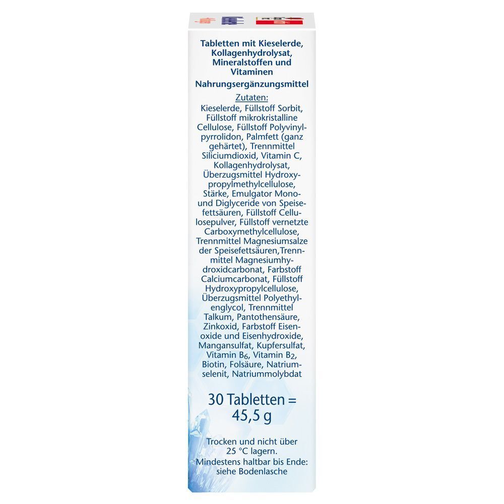 Rückseite der Doppelherz Kieselerde+Kollagen Tabletten Packung. Enthält Zutatenliste und Gewichtsangabe.