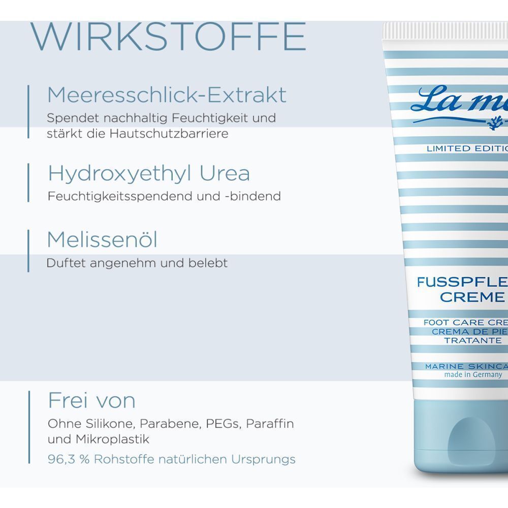 Nahaufnahme einer Tube Fußpflegecreme. Text: La mer, LIMITED EDITION, FUSSPFLEGE CREME, FOOT CARE CREAM, MARINE SKINCARE. Text über Inhaltsstoffe.