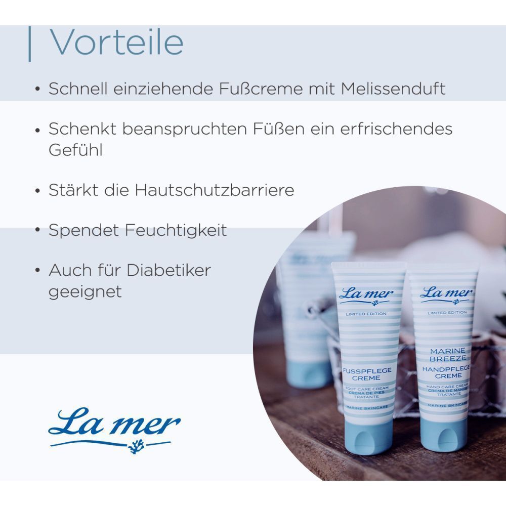 Zwei Tuben Fußpflegecreme. Text: La mer, LIMITED EDITION, FUSSPFLEGE CREME, FOOT CARE CREAM, MARINE SKINCARE. Vorteile der Creme werden aufgelistet.