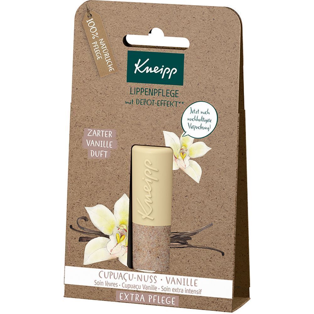 Lippenpflegestift in Verpackung. Braune Kartonverpackung mit Produkt und Logo. Lippenpflegestift mit hellem und braunem Teil.
