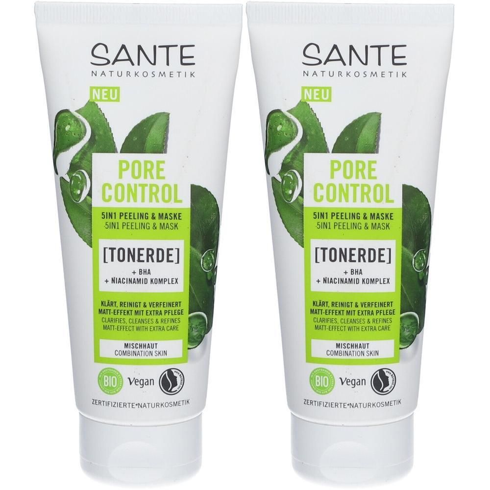 Zwei Tuben SANTE Naturkosmetik Pore Control. Weiße Tuben mit grünen Blättern und Produktinformationen. Aufschrift: Pore Control, [TONERDE].