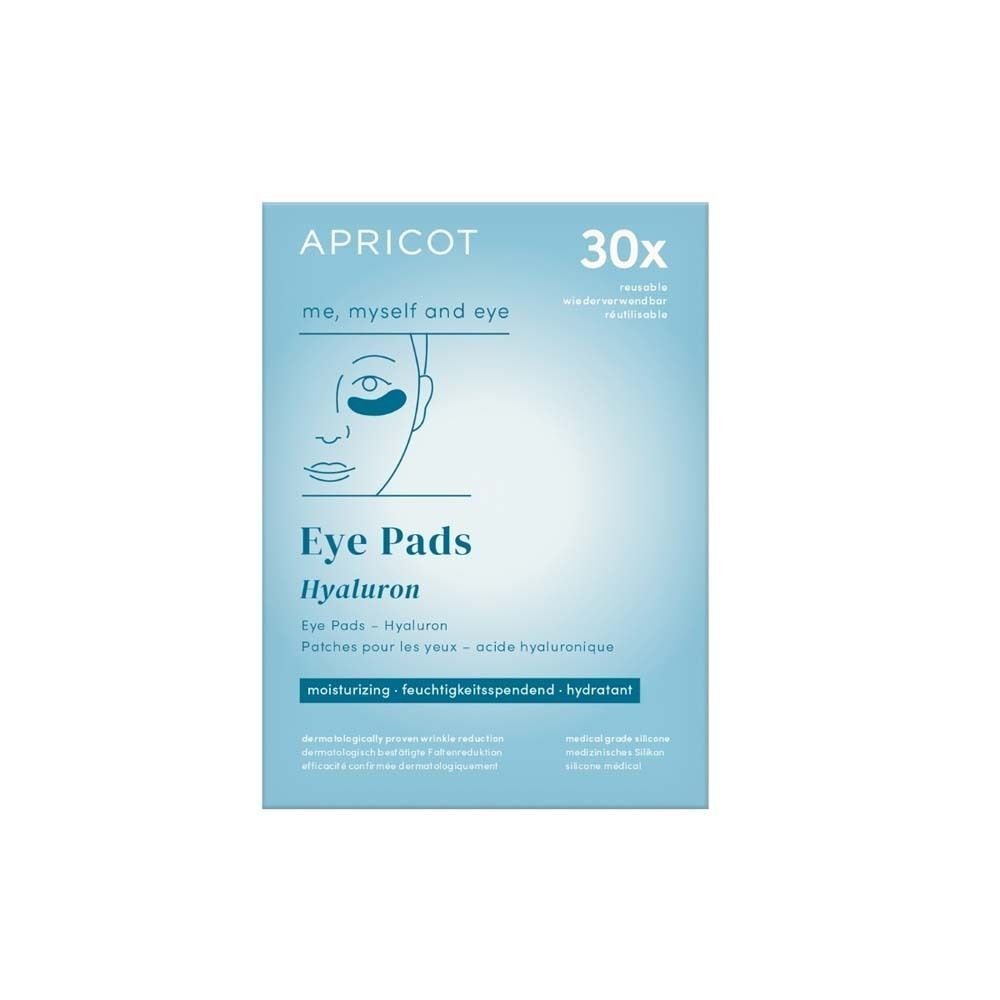 Eine Packung APRICOT Eye Pads mit Hyaluron. Auf der Packung ist ein Gesicht mit Augenpads abgebildet. Enthält 30 Pads.