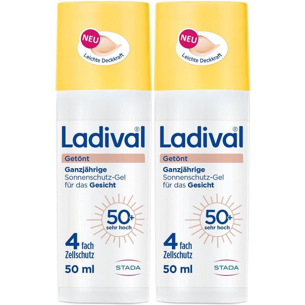 Zwei Flaschen getöntes Sonnenschutz-Gel LSF 50+ von Ladival. Gelbe Kappe, weißer Behälter, blaue Schrift.