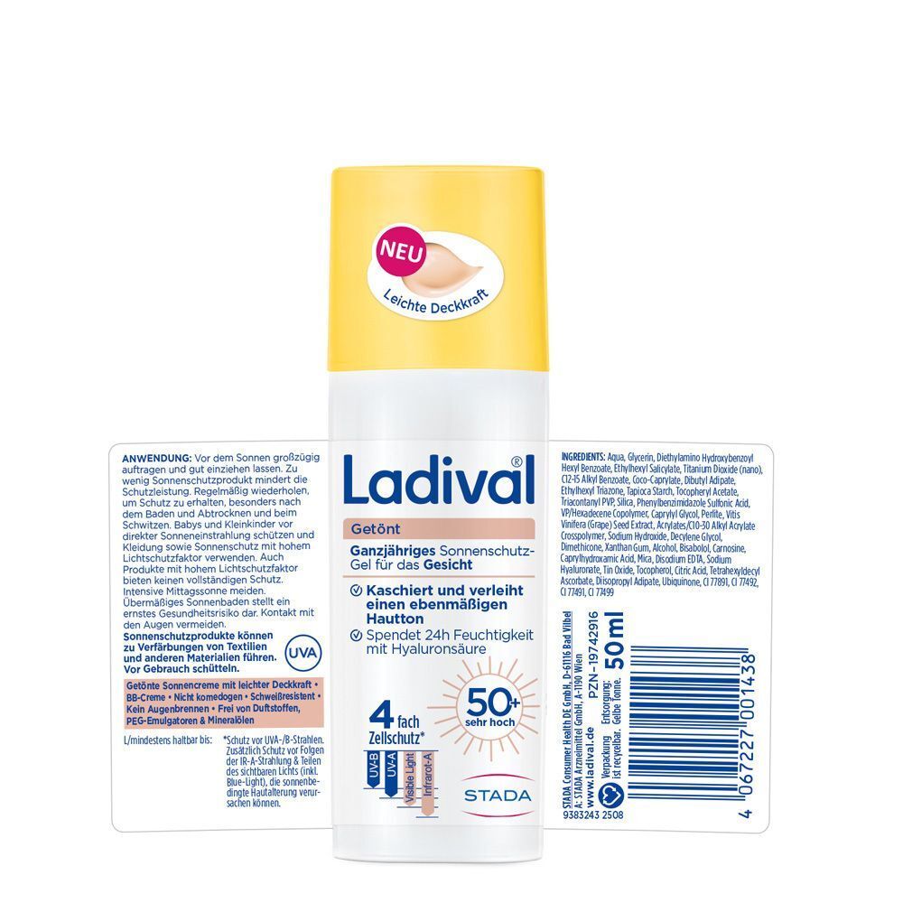 Sonnenschutz-Gel LSF 50+ von Ladival. Weiße Flasche mit gelber Kappe. Produktinformationen auf der Rückseite.