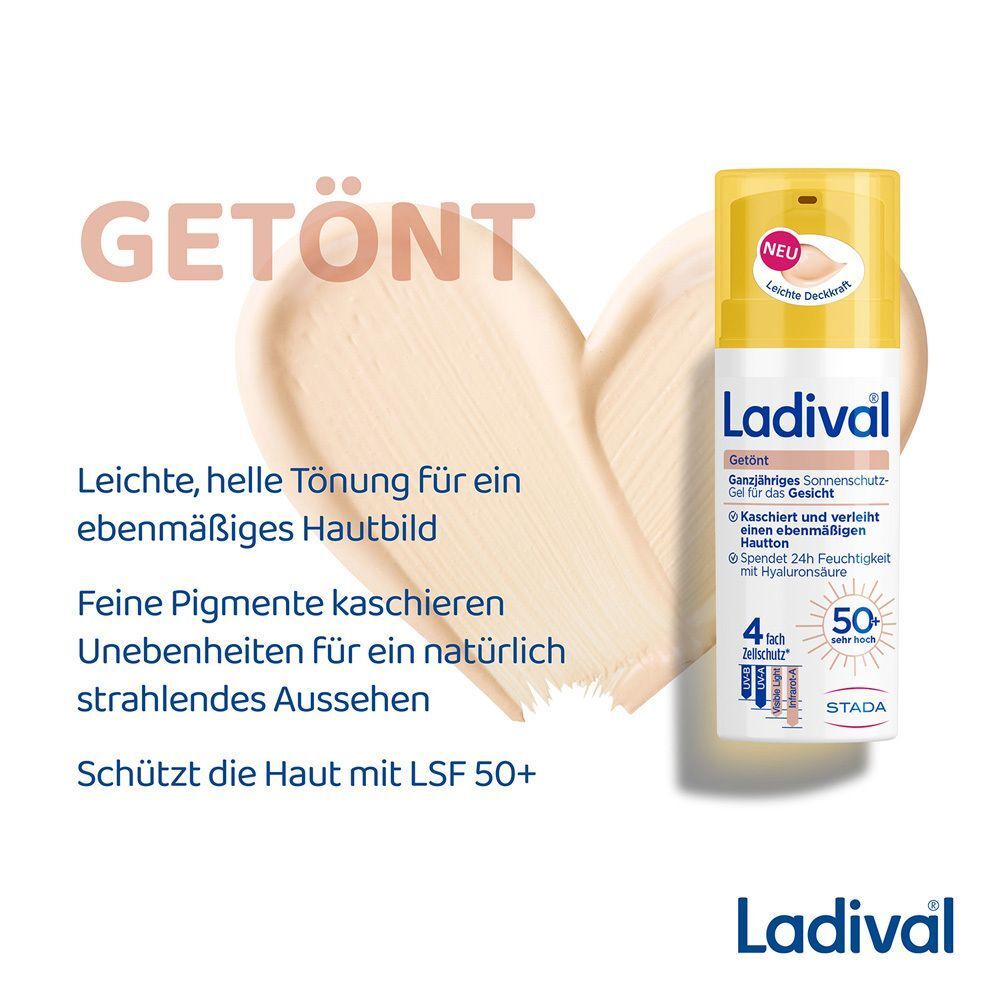 Getöntes Sonnenschutz-Gel von Ladival. Weiße Flasche, gelbe Kappe. Text: Leichte Deckkraft, LSF 50+.