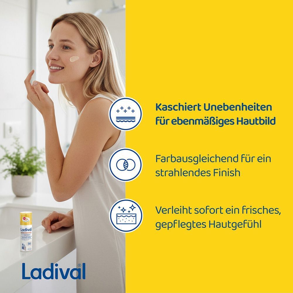 Frau trägt Sonnenschutz-Gel auf. Text: Kaschiert Unebenheiten, farbausgleichend, frisches Hautgefühl.