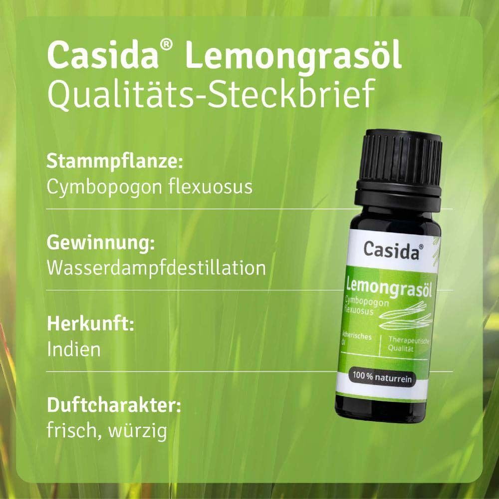 Casida® Zitronengrasöl-Flasche. Grüne Hintergrund mit Informationen: Pflanzenart, Gewinnung, Herkunft, Duftcharakter.