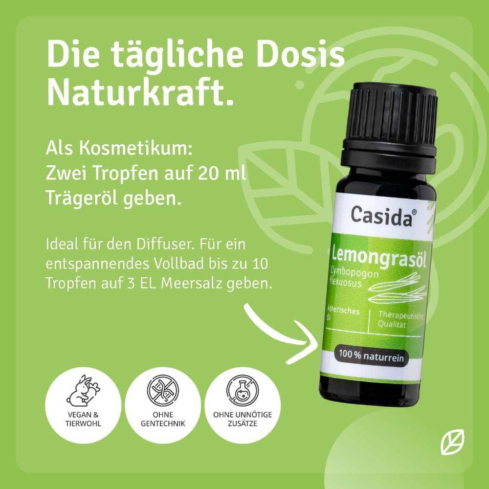 Casida® Zitronengrasöl-Flasche. Text: Anwendung als Kosmetikum, für Diffusor und Bad. Symbole: Vegan, ohne Gentechnik, ohne Zusätze.