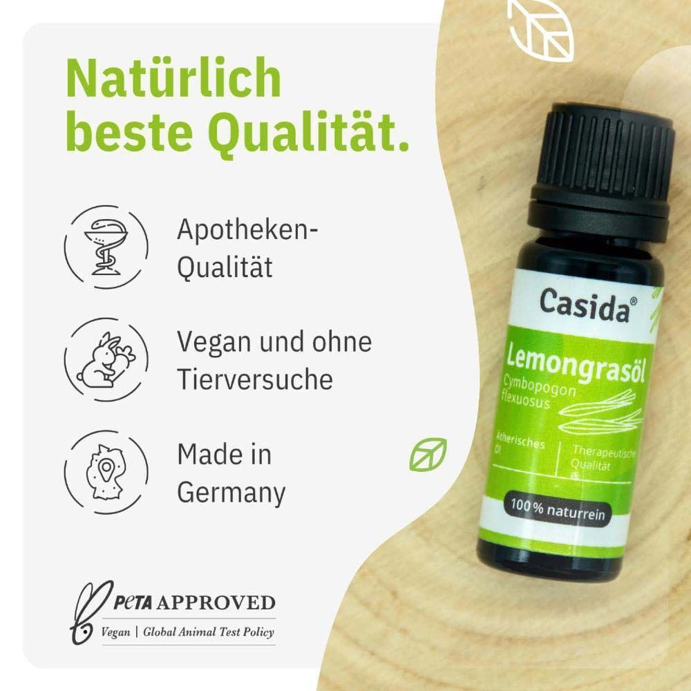 Casida® Zitronengrasöl-Flasche. Text: Apotheken-Qualität, vegan, hergestellt in Deutschland. PETA-Logo.