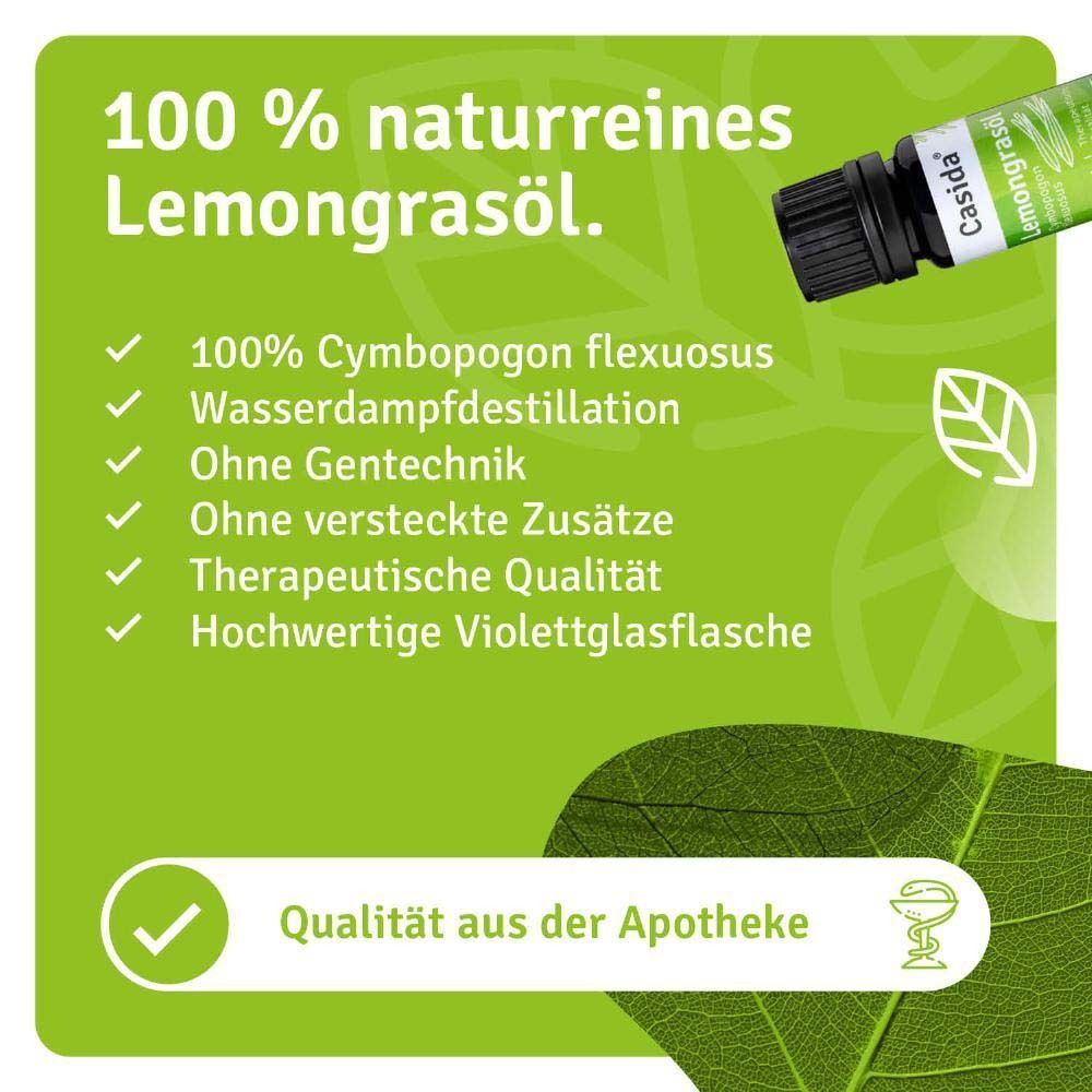 Casida® Zitronengrasöl-Flasche. Text: 100% naturreines Öl. Inhaltsstoffe: Cymbopogon flexuosus, Wasserdampfdestillation, ohne Gentechnik.