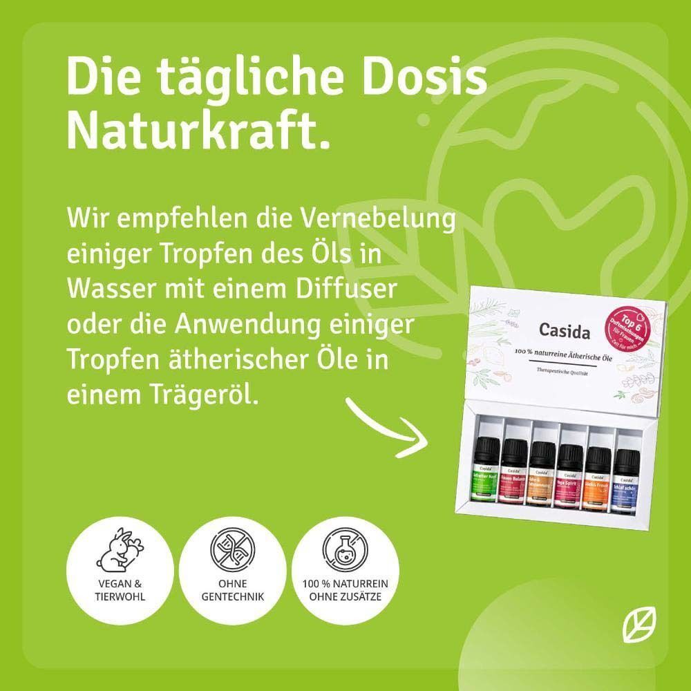 Produktverpackung mit sechs kleinen Flaschen ätherischer Öle. Auf der Verpackung steht "Casida". Es gibt Logos für vegan, ohne Gentechnik und 100% naturrein.