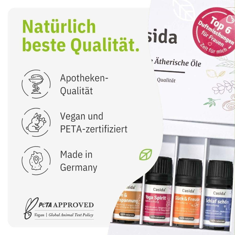 Produktverpackung mit vier Flaschen ätherischer Öle. Auf der Verpackung steht "Casida". Logos für Apothekenqualität, vegan und PETA-zertifiziert, Made in Germany.