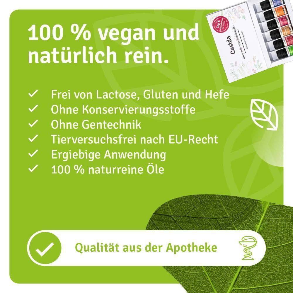 Text: 100% vegan und naturrein. Frei von Laktose, Gluten, Hefe, Konservierungsstoffen, Gentechnik. Tierversuchsfrei. Qualität aus der Apotheke.