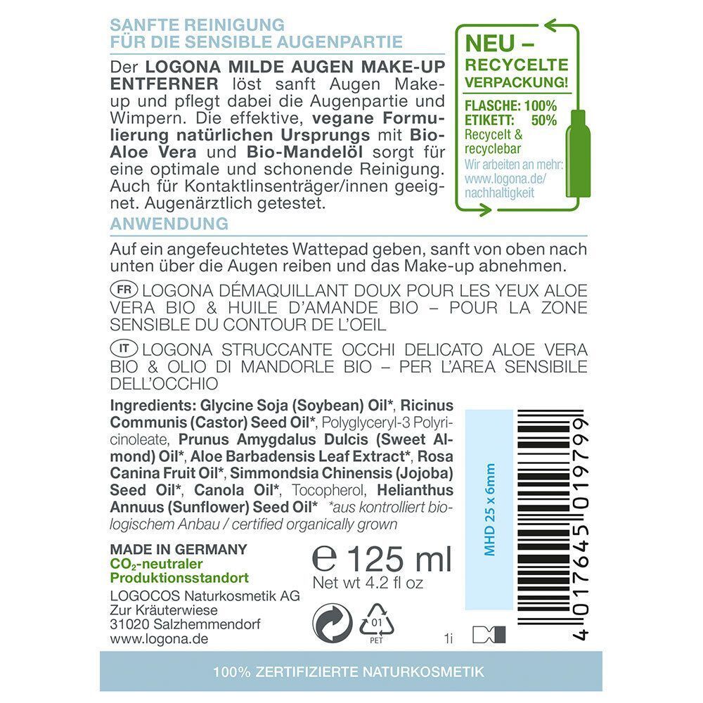 Rückseite einer Flasche LOGONA Augen Make-up Entferner. Text in Deutsch, Französisch und Italienisch. Inhaltsstoffe.