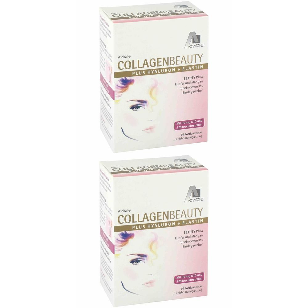 Zwei Kartons mit Produktaufdruck. Aufschrift: Collagen Beauty Plus Hyaluron + Elastin. Logo: Avitale. Rosa und weiße Verpackung.