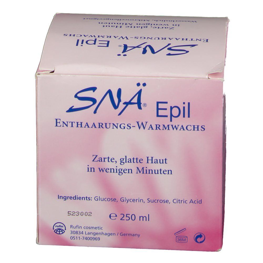 Rosa Karton mit SNÄ Epil Enthaarungs-Warmwachs. Text: Zarte, glatte Haut in wenigen Minuten. Inhaltsstoffe und Zertifizierung.