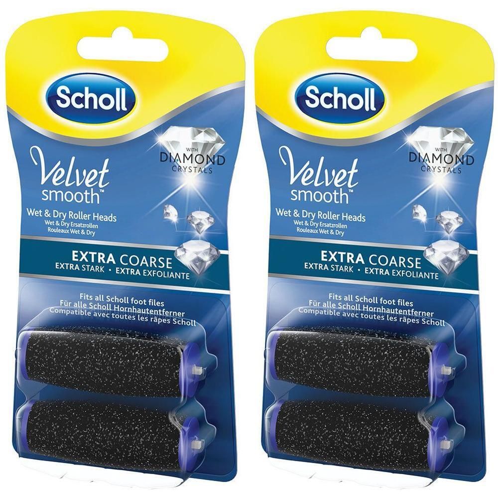Zwei Packungen Ersatzrollen. Schwarze Rollen mit Diamantpartikeln. Verpackung mit Produktnamen und Markennamen.